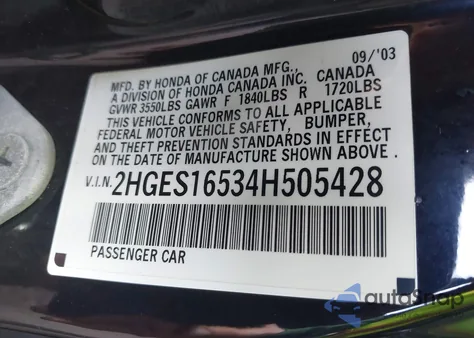 2004 Honda Civic Lx z USA, uszkodzony, nr VIN 2HGES16534H505428